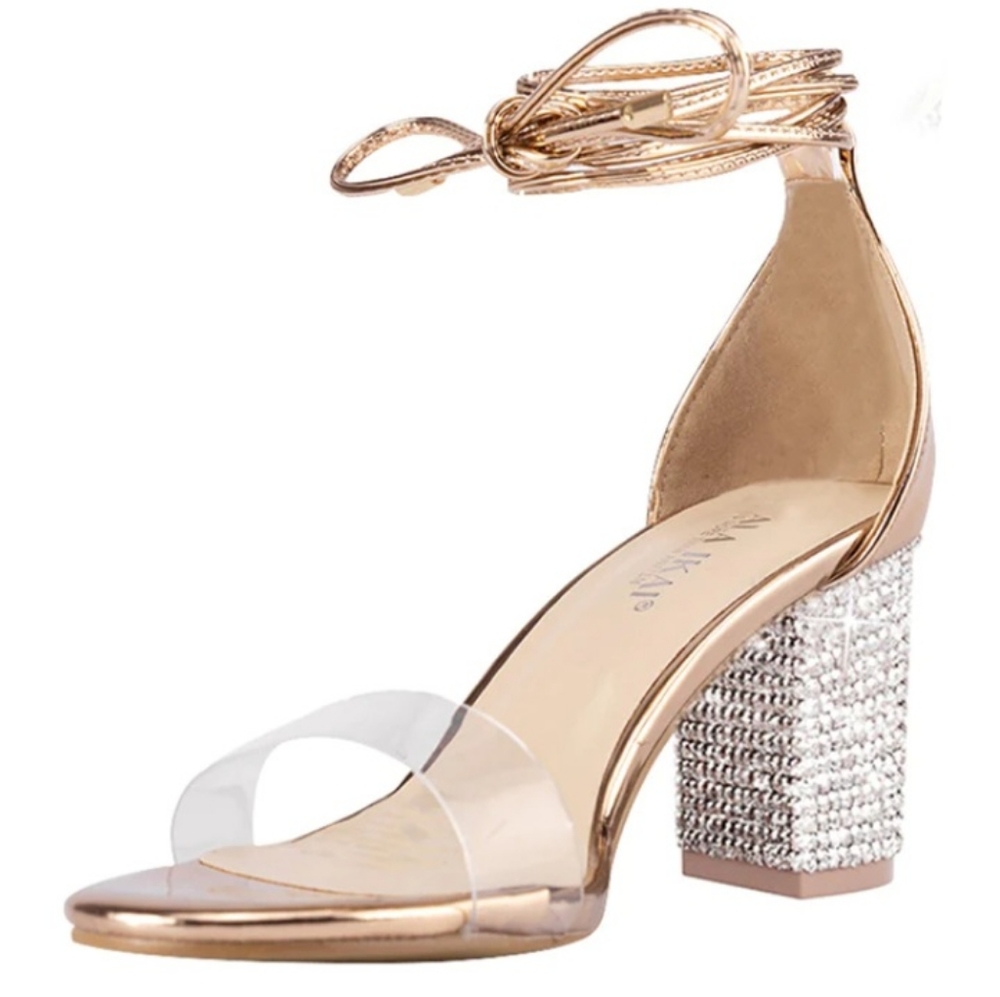 Lala Ikai Rose Gold Vinyl Strap Open Toe Rhinestone Heels Size 36